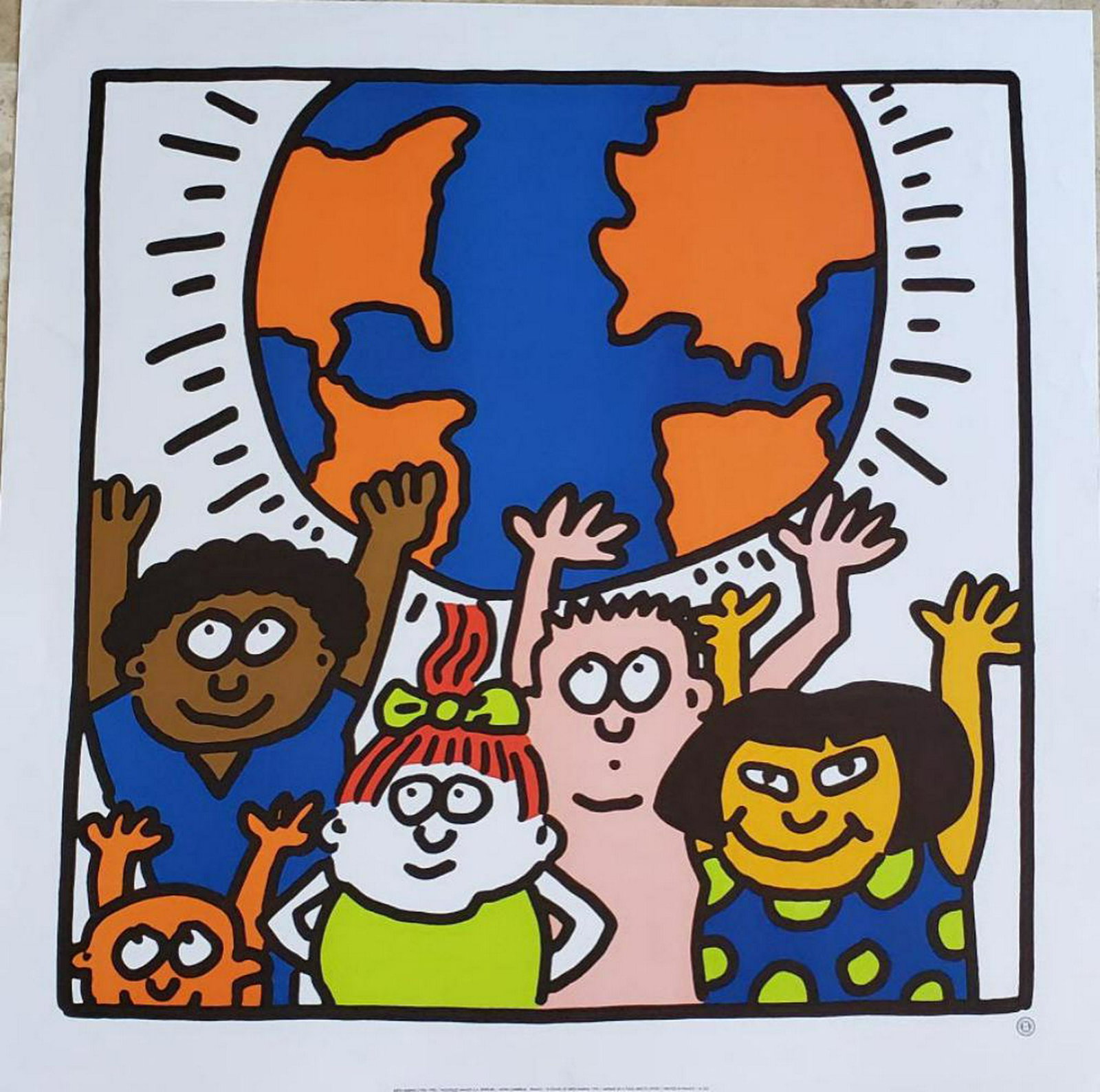 Keith Haring - Kids of the World - 1985 screen print: Screen print "authorized by the estate of Keith Haring" Screen print from 1985 entitled "Kids of the World". The screen print is marked "authorized by the estate of Keith Haring". Dimensions: 70 x 69.