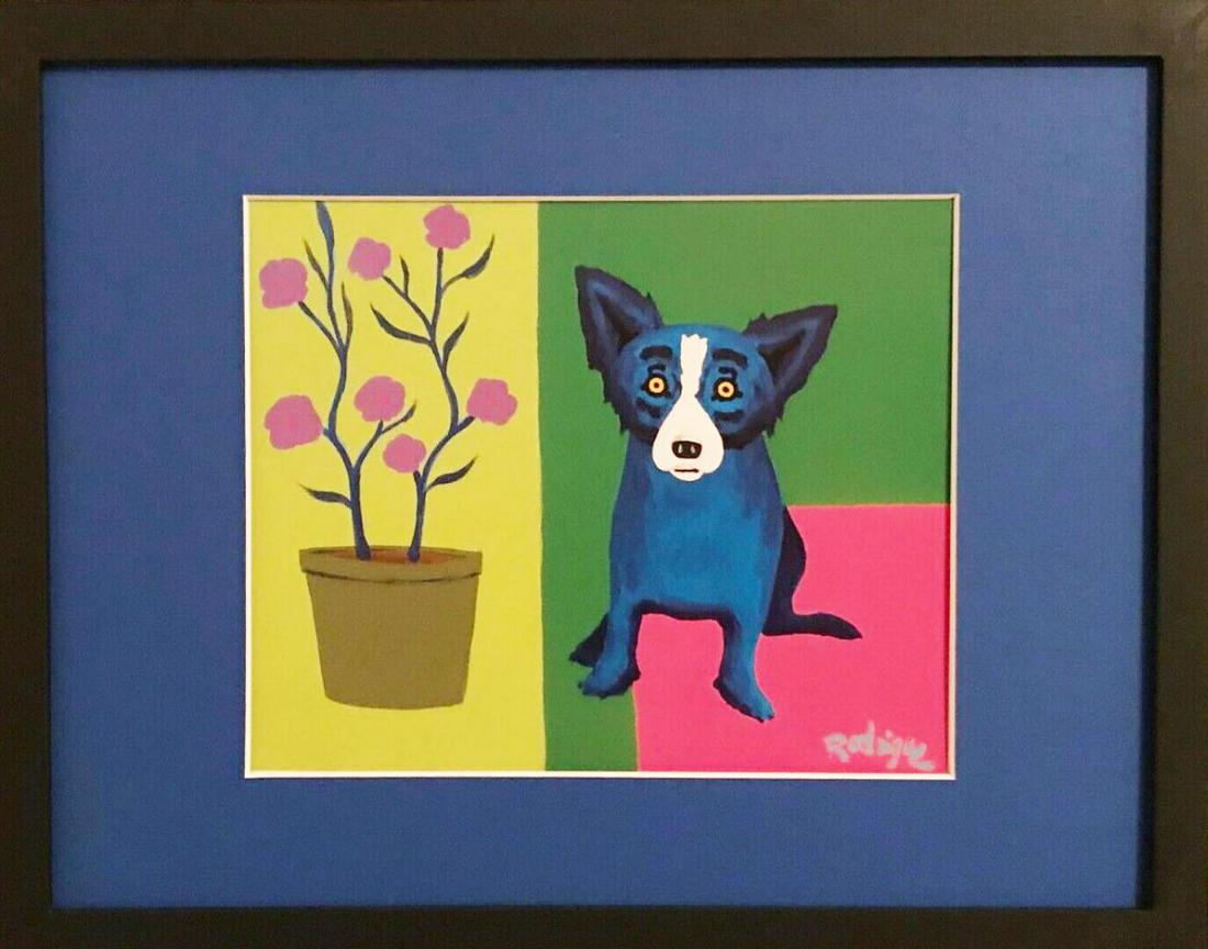 GEORGE RODRIGUE: GEORGE RODRIGUE OFFSET LITHOGRAPH BLUE DOG GREEN THUMB FRAMED & MATTED Overall size of the frame is roughly 9 wide x 12 high. Beautifully framed with a satin black moulding.