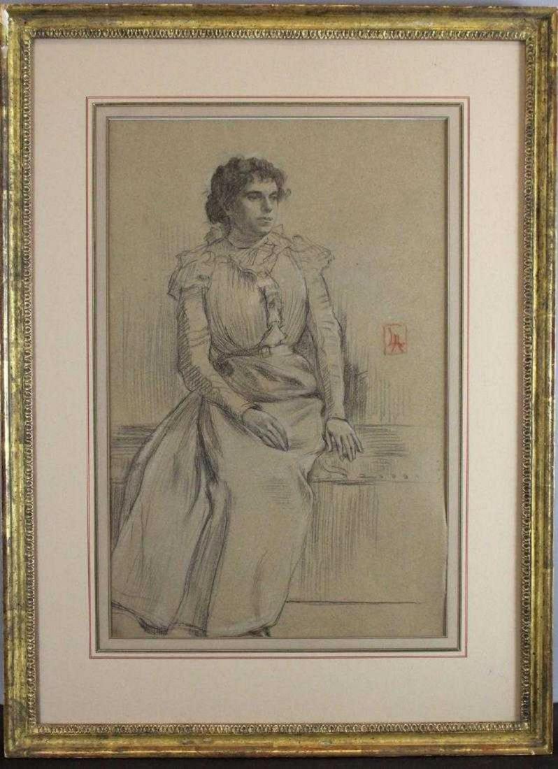 Lucien Abrams Charcoal Drawing Victorian Woman Portrait: Master Artist: Lucien Abrams (1870 - 1941) was an established figure and landscape artist who was a member of the Old Lyme Art Colony. This original charcoal drawing measures 12 1/2" by 19" by sight a