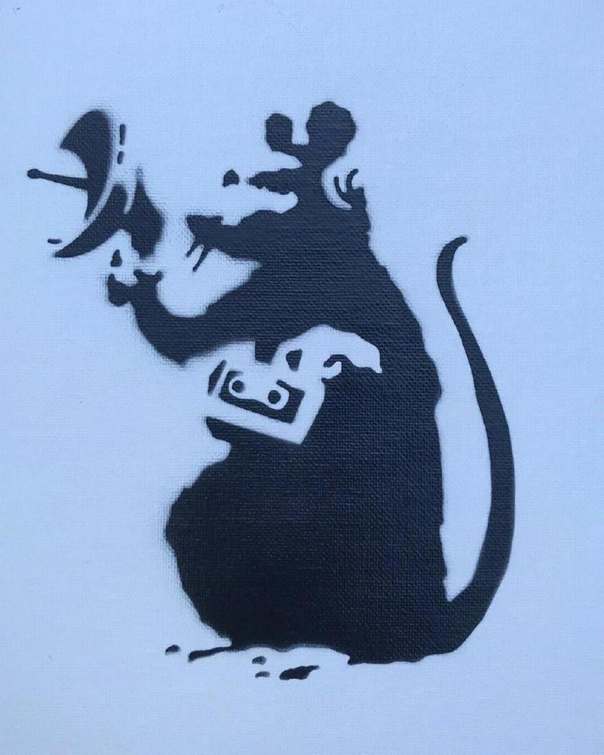 Banksy Dismaland "Radar Rat" spray paint on canvas: Original graffiti artwork from WSM. Sell as souvenir in Dismaland, from an artist invited by Banksy. A tribute for Banksy. Size: 8" x 10" (25.5 x 20.32 cm) canvas board. Dismaland was a temporary art