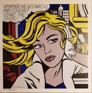 ROY LICHTENSTEIN, M-MAYBE HAND SIGNED OFFSET LITHOGRAPH: ROY LICHTENSTEIN, M-Maybe 1965, Book page off lithograph hand signed Image size: 11 x 11 inch frame size approx: 18" x 18"Please note that the signature location may vary from photo on the listing.