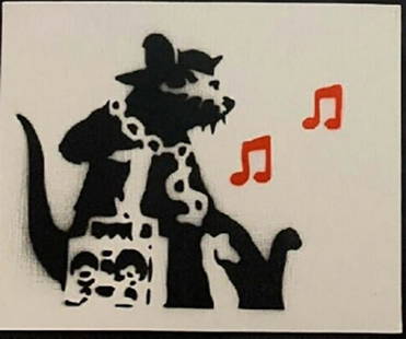 Banksy Dismaland "Music Rat" spray paint on canvas: Original graffiti artwork from WSM. Sell as souvenir in Dismaland, from an artist invited by Banksy. A tribute for Banksy. Size: 8" x 10" (25.5 x 20.32 cm) canvas board. Dismaland was a temporary art