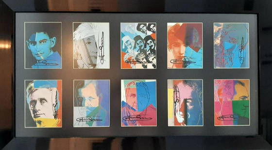 Andy Warhol Ten Portraits of Jews Hand signed portfolio: Andy Warhol TEN PORTRAITS OF JEWS OF THE TWENTIETH CENTURY (10 Card Set) EXHIBITION signed offset lithograph Paper Size: 7 x 5.1/2 inches each. all ten pieces framed as sown. Frame comes free and art