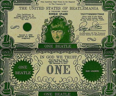 Beatles 1964 Vintage Money Ringo Starr One Beatle: 1964 VINTAGE BEATLES BEATLES MONEY RINGO STARR NEAR MINT INCLUDES COA VINTAGE AUTHENTIC ORIGINAL EXTREMELY RARE! AUTHENTIC: This is an authentic vintage 1964 Beatles Money RINGO STARR. You get one