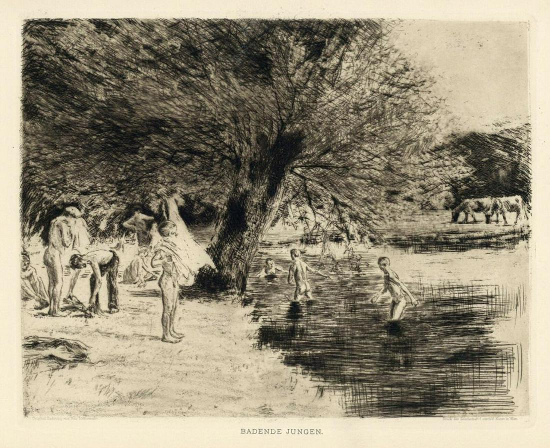 Max Liebermann "Badende Jungen" 1896 original etching: Artist: Max Liebermann Title: "Badende Jungen" Medium: original etching Size: 9 1/4 x 11 1/2 inches (plate size) This original etching was printed in Vienna in 1896 for Gesellschaft für Vervielfälti