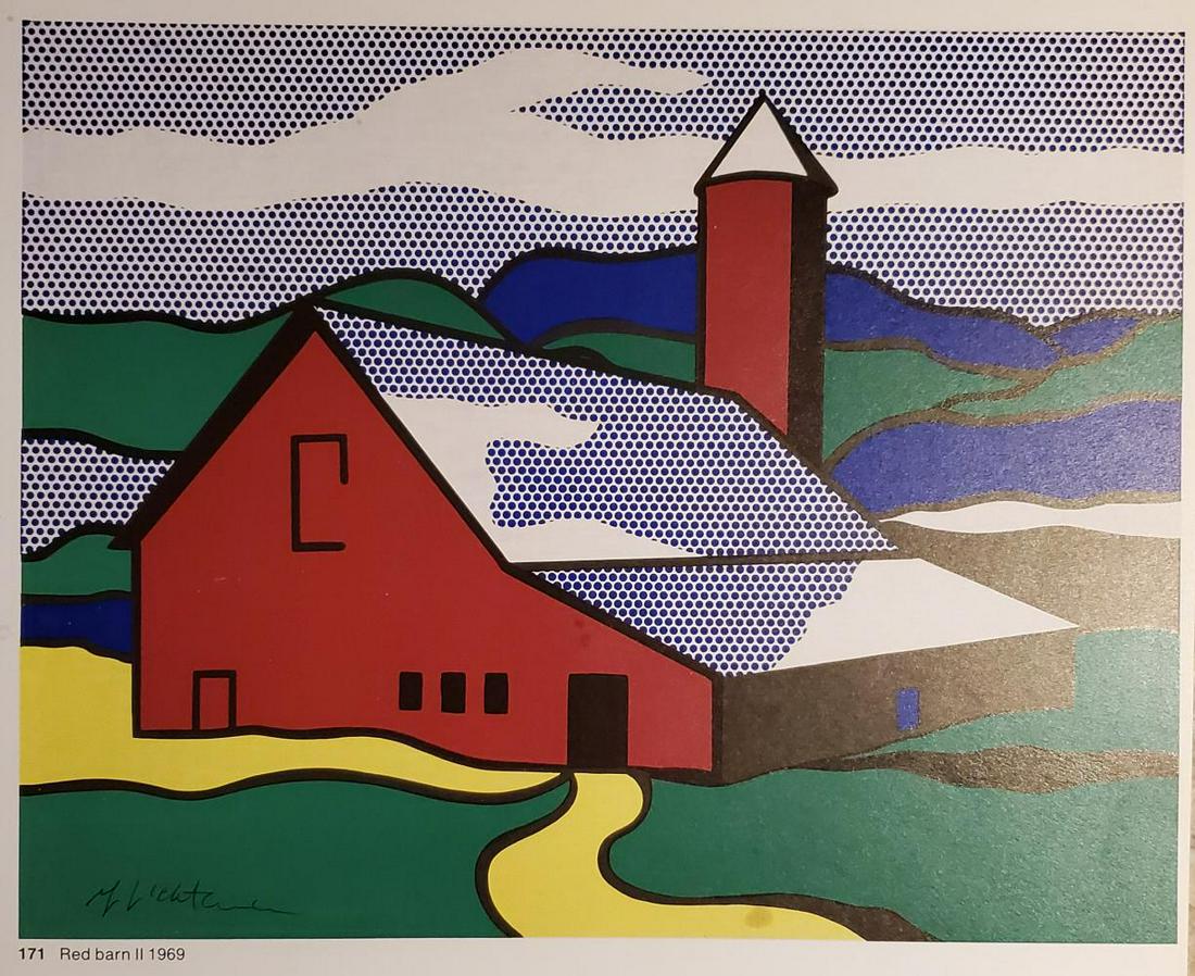 Roy Lichtenstein, Red Barn 1973 Hand signed Lithograph: Roy Lichtenstein, Red Barn 1973, Hand signed Offset lithograph book page Framed Paper size: 12 x 8.5 inch frame size approx: 16" x 12"Please note that the signature location may vary from photo on the