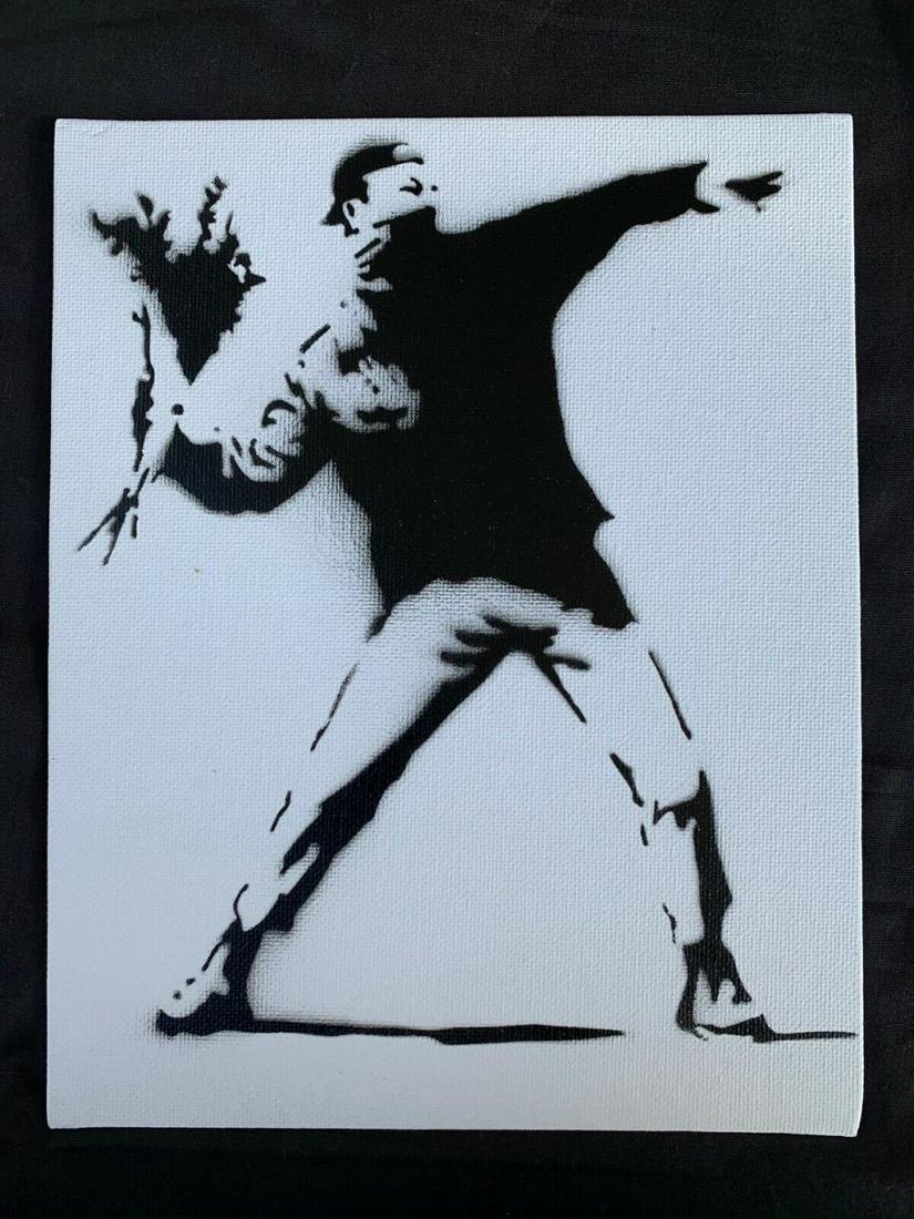 Banksy Dismaland "Flower Thrower" spray paint on canvas: Original graffiti artwork from WSM. Sell as souvenir in Dismaland, from an artist invited by Banksy. A tribute for Banksy. Size: 8" x 10" (25.5 x 20.32 cm) canvas board. Dismaland was a temporary art