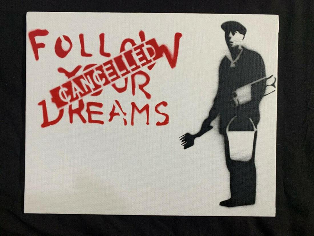 Banksy Dismaland "Follow Your Dreames" spray paint on: Original graffiti artwork from WSM. Sell as souvenir in Dismaland, from an artist invited by Banksy. A tribute for Banksy. Size: 8" x 10" (25.5 x 20.32 cm) canvas board. Dismaland was a temporary art