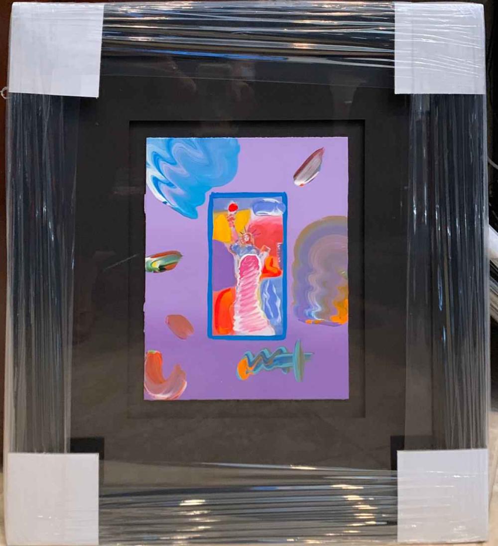 PETER MAX, "Statue of Liberty", ORIG MIXED MEDIA FRAMED: ORIGINAL MIXED MEDIA, HAND SIGNED, ONE OF A KIND MIX MEDIA ON PAPER, painting size" 8.5" X 11" THIS PIECE COMES FRAMED IN A BEAUTIFUL $350 RETAIL FRAME. Approx frame size 20x23 inches.