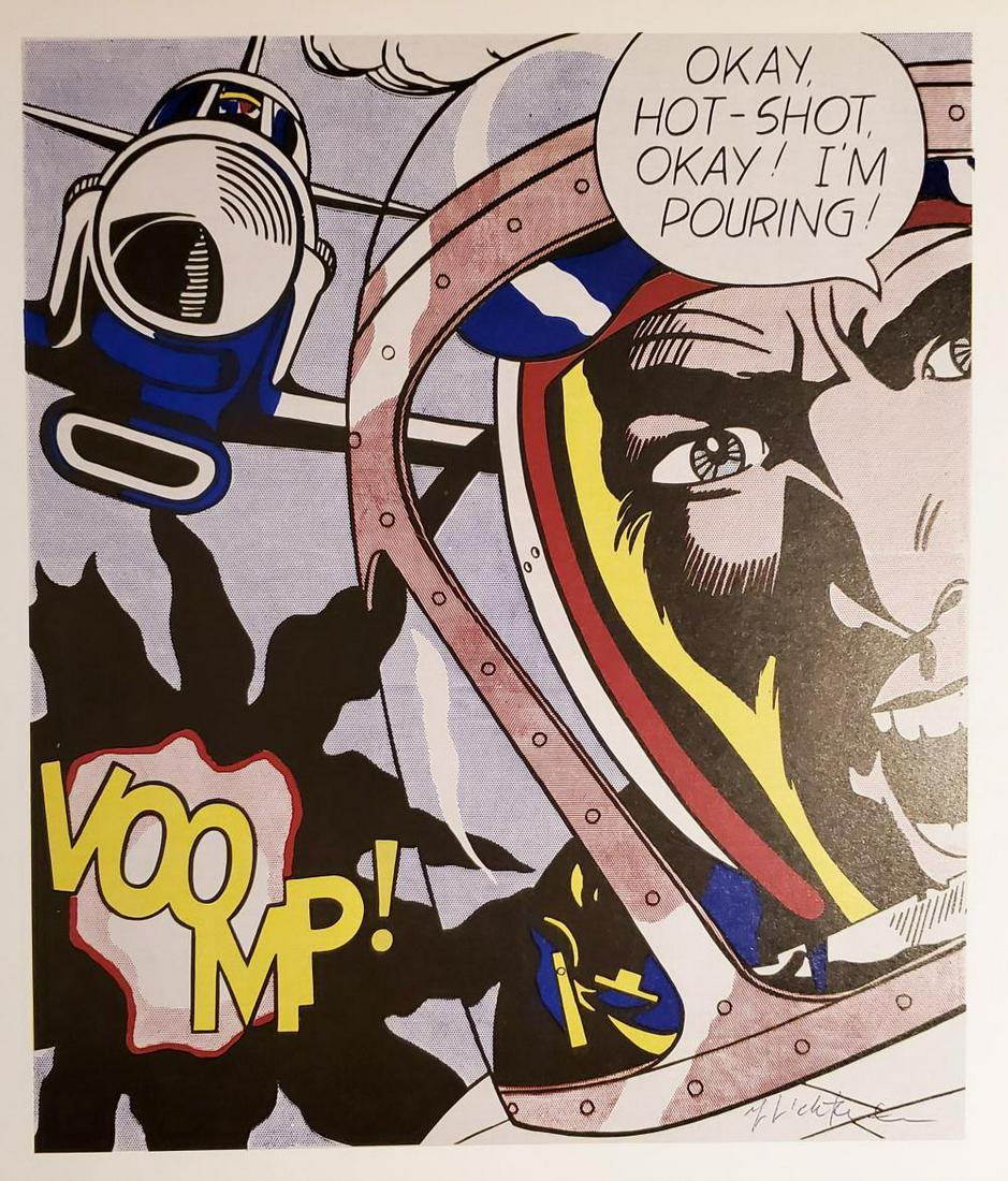 ROY LICHTENSTEIN, OKAY HOT SHOT 1963 Hand signed: ROY LICHTENSTEIN, OKAY HOT SHOT 1963, Book page offset lithograph hand signed Image size: 11 x 11 inch. Please note that the signature location may vary from photo on the listing.