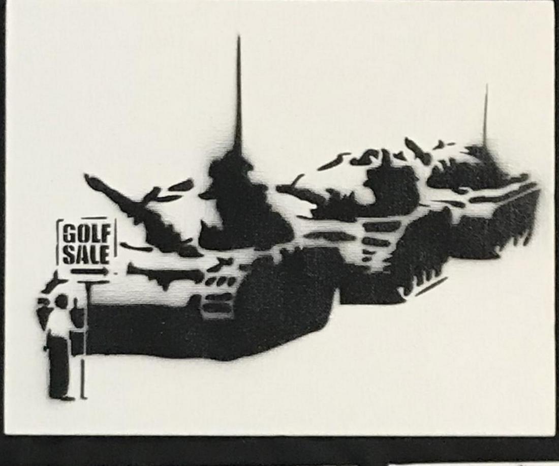 Banksy Dismaland "Golf Sale" spray paint on canvas: Original graffiti artwork from WSM. Sell as souvenir in Dismaland, from an artist invited by Banksy. A tribute for Banksy. Size: 8" x 10" (25.5 x 20.32 cm) canvas board. Dismaland was a temporary art