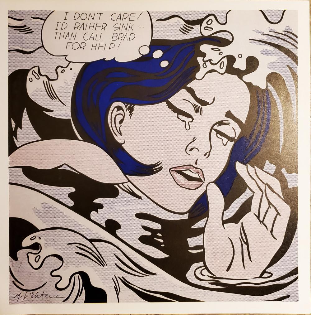 Roy Lichtenstein. Drowning Girl. 1963 Hand signed: Roy Lichtenstein. Drowning Girl. 1963, Hand signed Offset lithograph book page Framed Paper size: 12 x 8.5 inch.