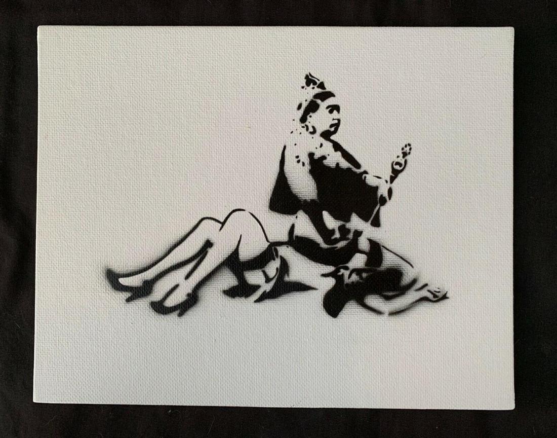 Banksy Dismaland "QUEEN VICTORIA" spray paint on canvas: Original graffiti artwork from WSM. Sell as souvenir in Dismaland, from an artist invited by Banksy. A tribute for Banksy. Size: 8" x 10" (25.5 x 20.32 cm) canvas board. Dismaland was a temporary art