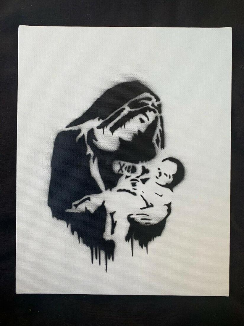 Banksy Dismaland "Toxic Mary" spray paint on canvas: Original graffiti artwork from WSM. Sell as souvenir in Dismaland, from an artist invited by Banksy. A tribute for Banksy. Size: 8" x 10" (25.5 x 20.32 cm) canvas board. Dismaland was a temporary art
