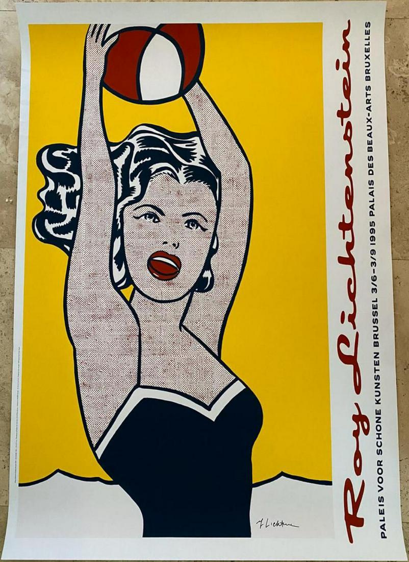 ROY LICHTENSTEIN, BEACH GIRL WITH BALL 1995 HAND SIGNED: ROY LICHTENSTEIN BEACH GIRL WITH BALL BRUESSEL, 1995 Hand signed offset lithograph Paper size: 39.1/4 x 27.1/8 inch (99.9 x 69.7 cm) Images Size: 37 x 21.3/4 inch 94 x 55.3 cm)