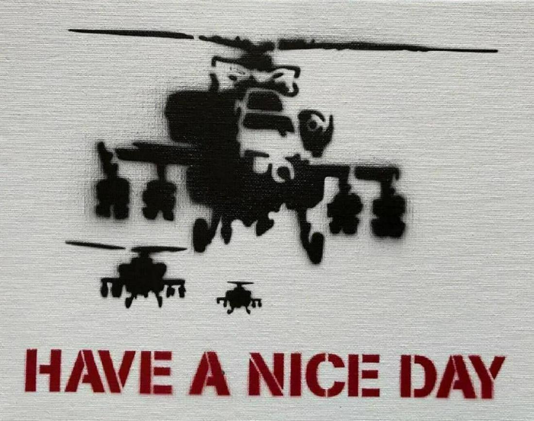 Banksy Dismaland "Have a nice day" spray paint on: Original graffiti artwork from WSM. Sell as souvenir in Dismaland, from an artist invited by Banksy. A tribute for Banksy. Size: 8" x 10" (25.5 x 20.32 cm) canvas board. Dismaland was a temporary art