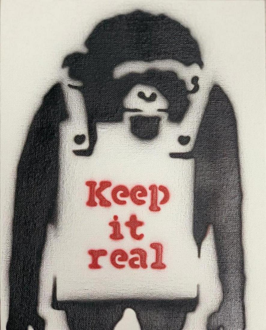 Banksy Dismaland "Keep it real" spray paint on canvas: Original graffiti artwork from WSM. Sell as souvenir in Dismaland, from an artist invited by Banksy. A tribute for Banksy. Size: 8" x 10" (25.5 x 20.32 cm) canvas board. Dismaland was a temporary art