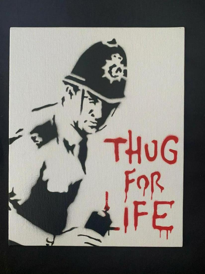Banksy Dismaland "Thog for life" spray paint on canvas: Original graffiti artwork from WSM. Sell as souvenir in Dismaland, from an artist invited by Banksy. A tribute for Banksy. Size: 8" x 10" (25.5 x 20.32 cm) canvas board. Dismaland was a temporary art