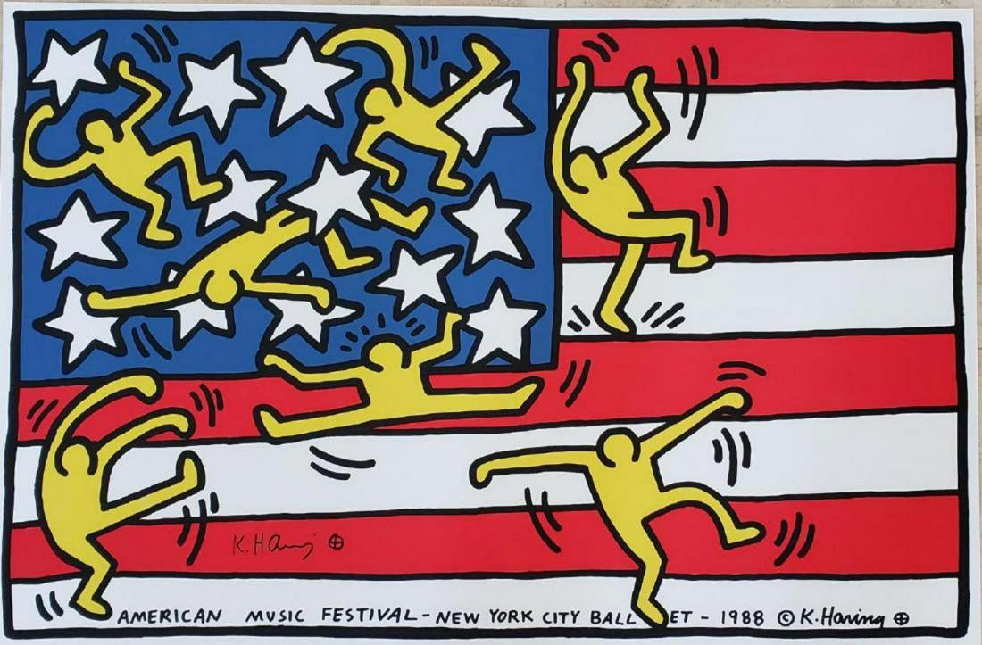 Keith Haring. Hand Signed "New York City Ballet: Keith Haring New York City Ballet American Music Festival 1988 Silkscreen Poster signed/dated in silver marker Silkscreen Paper size: 24 x 36 in Images size: 24 x 36 in