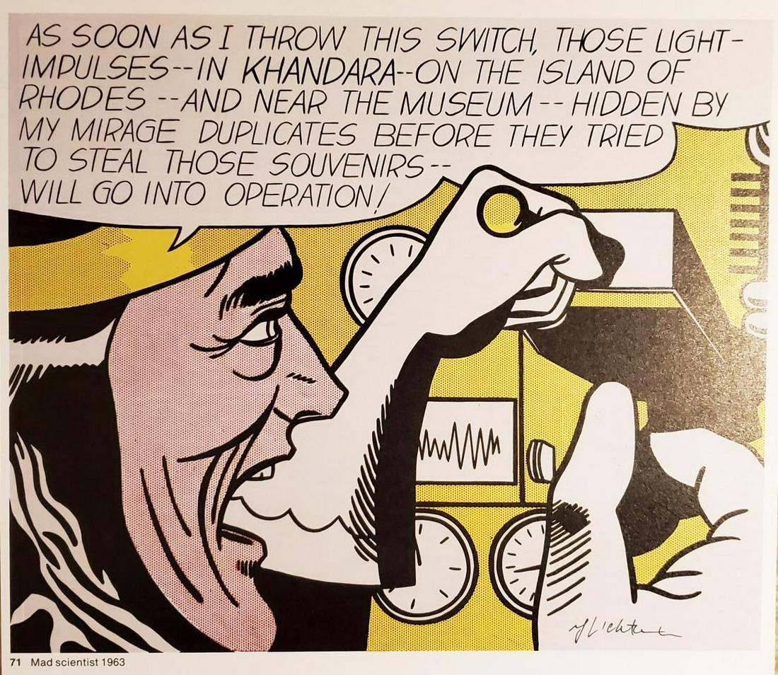 Roy Lichtenstein - Mad scientist 1963, Lithograph hand: ROY LICHTENSTEIN, Mad scientist 1963, Book page offset lithograph hand signed Image size: 11 x 11 inch. "Please note that the signature location may vary from photo on the listing.