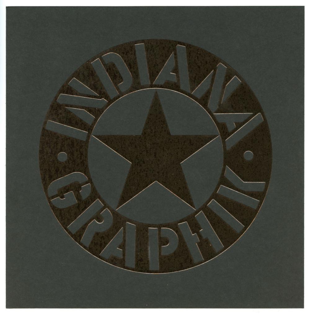 Robert Indiana "Indiana Graphik" embossed print - 1971: Artist: Robert Indiana Title: "Indiana Graphik" Medium: embossed print Size: 8 x 8 inches This embossed print on dark gray paper with a shiny metallic-style design was printed in West Germany in 1971.