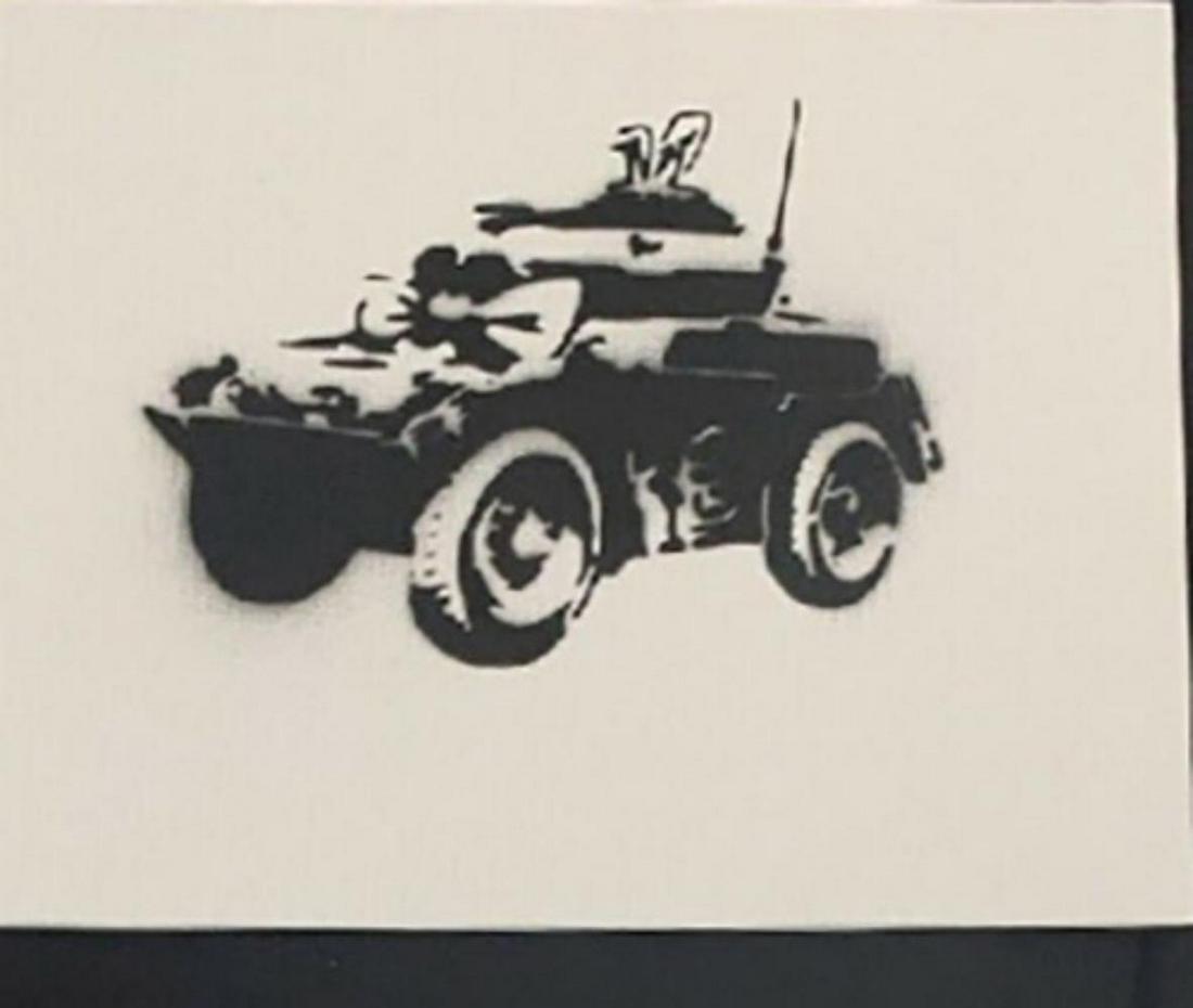 Banksy Dismaland "Mobile Lovers" spray paint on canvas: Original graffiti artwork from WSM. Sell as souvenir in Dismaland, from an artist invited by Banksy. A tribute for Banksy. Size: 8" x 10" (25.5 x 20.32 cm) canvas board. Dismaland was a temporary art