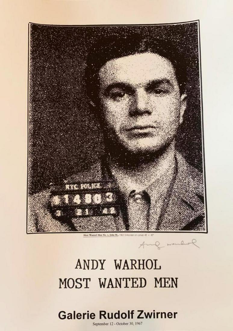 Andy Warhol, Most wanted men #1, John M, 1964 H/Signed: Artist: Andy Warhol Title: Thirteen Most Wanted Men No. I, John M. , 1964 Signed: Hand signed Medium: Offset Lithograph Size: 18" x 12" Pop provocateur Andy Warhol was never a stranger to controversy.