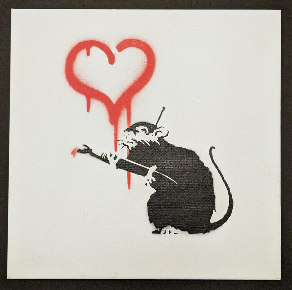 Banksy Dismaland "Love Rat" spray paint on canvas: Original graffiti artwork from WSM. Sell as souvenir in Dismaland, from an artist invited by Banksy. A tribute for Banksy. Size: 8" x 10" (25.5 x 20.32 cm) canvas board. Dismaland was a temporary art