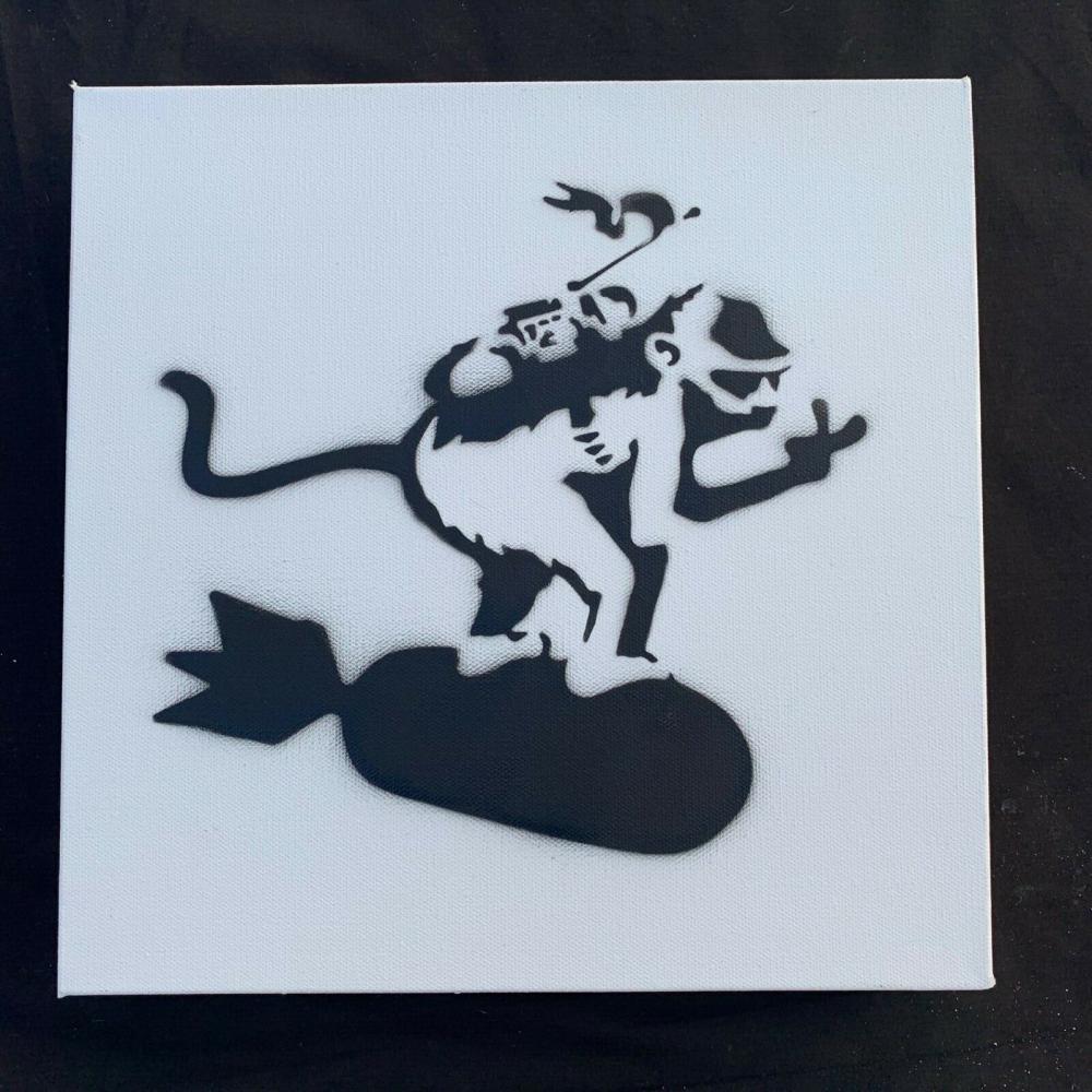 Banksy Dismaland "Monkey Riding Bomb" spray paint on: Original graffiti artwork from WSM. Sell as souvenir in Dismaland, from an artist invited by Banksy. A tribute for Banksy. Size: 8" x 10" (25.5 x 20.32 cm) canvas board. Dismaland was a temporary art