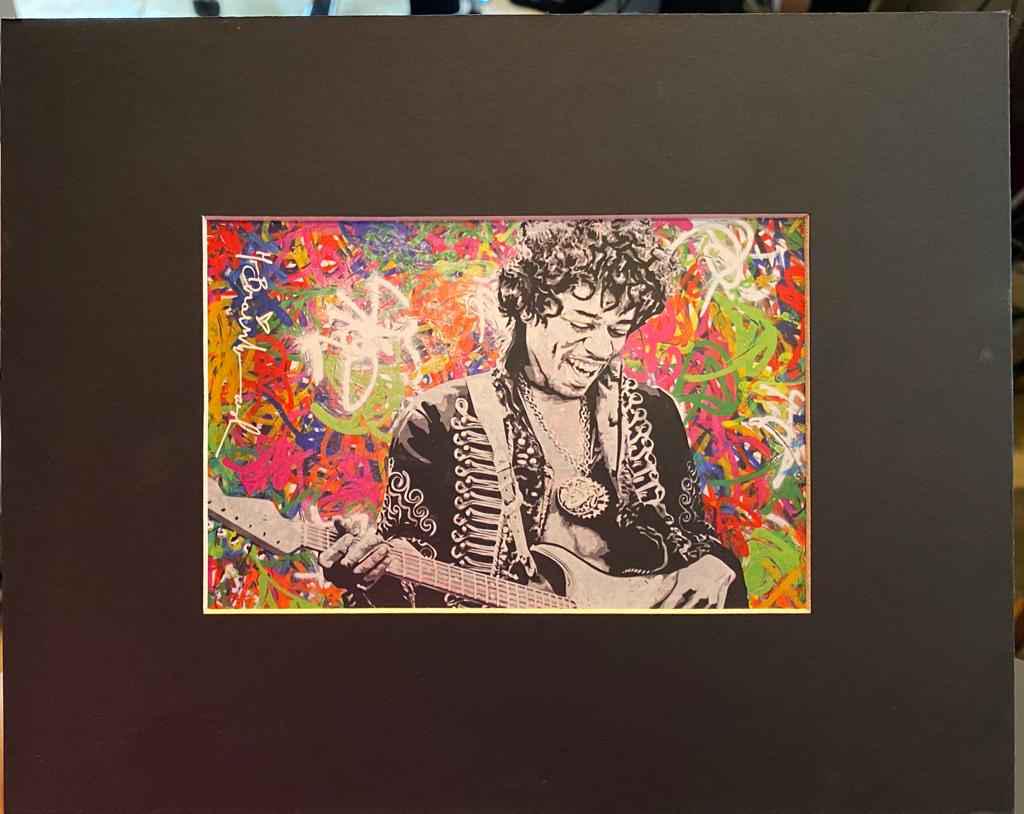 MR. BRAINWASH Jimi Hendrix Matted Offset Lithograph: MR. BRAINWASH-Jimi Hendrix Medium: Plate Signed Offset Lithograph Note: Dimensions provided include matting