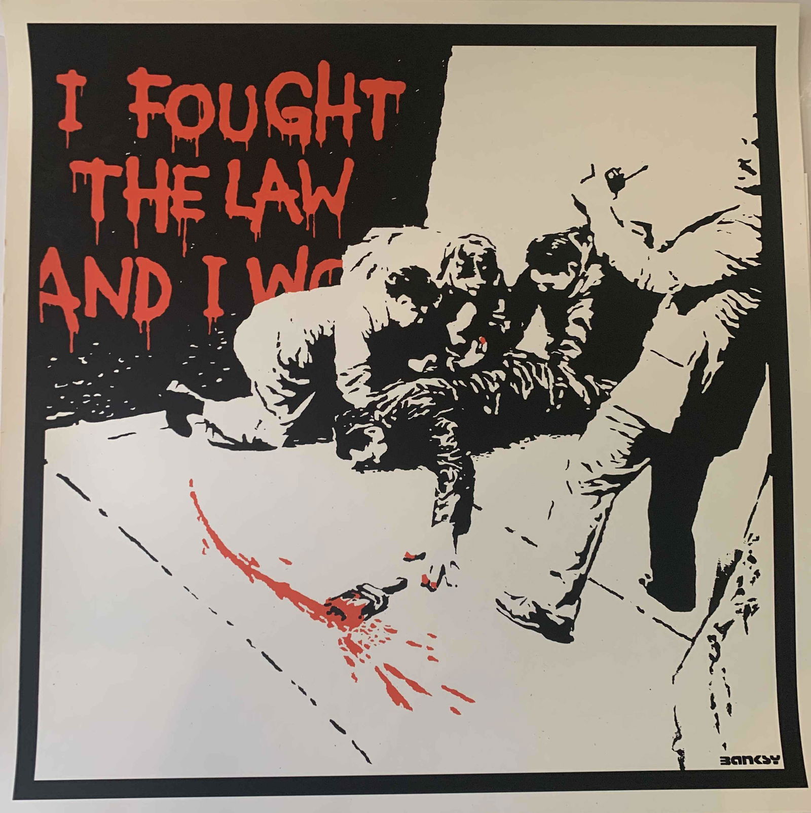 Banksy I Fought The Law Serigraph LE: Banksy-I Fought The Law Medium: Limited Edition Serigraph This screen print is produced by the elusive West Country Prince using the exact methods as Banksys early works. This silkscreen was printed b