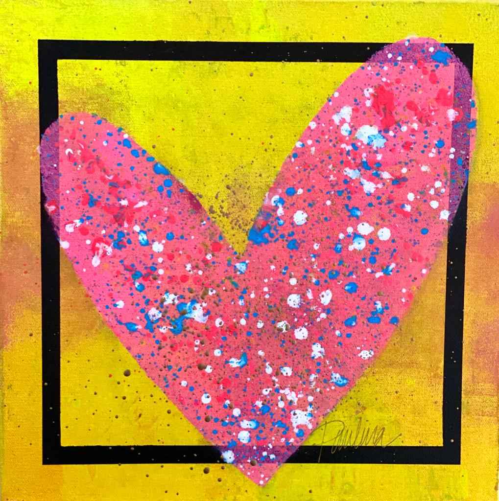 Paulina Del Mar Pink Heart Orig. Stretched Canvas: Paulina Del Mar-Pink & Yellow Heart Medium: Hand Signed Original Mixed Media on Stretched Canvas