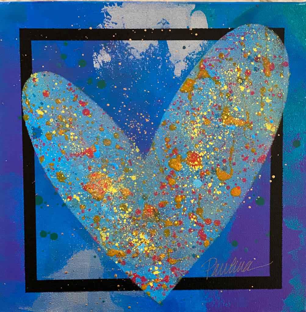 Paulina Del Mar Blue on Blue Heart Orig. Str Canvas: Paulina Del Mar-Blue on Blue Heart Medium: Hand Signed Original One-of-a-Kind Oil on Stretched Canvas