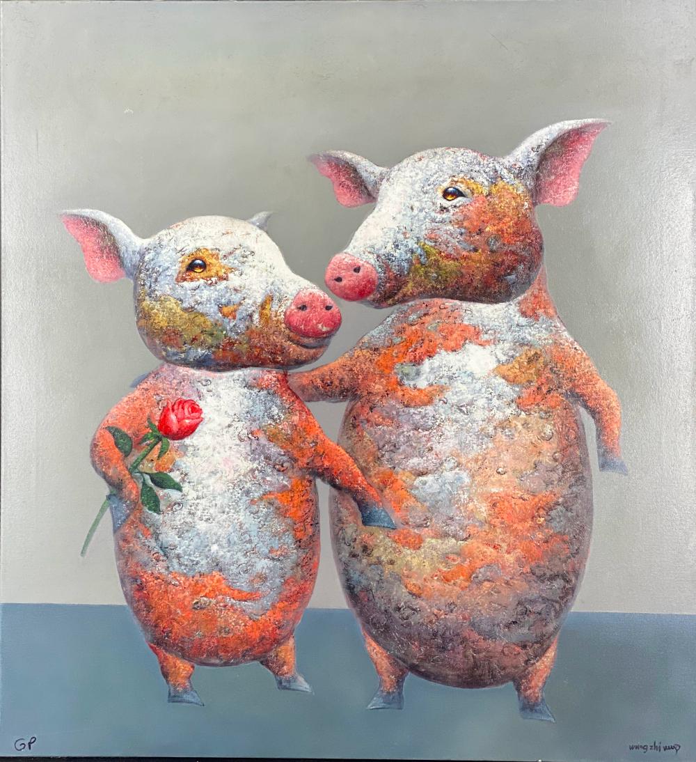 Wang Zhi Wu Bachelorette Hand Signed Embellished Giclee on Canvas Limited Edition Pigs Romance Love (1 of 1)