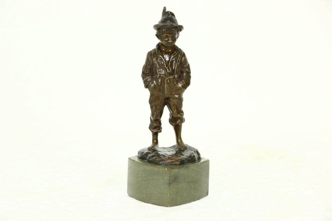 Bronze Antique Sculpture of a Boy with a Feather in his: A bronze statue of a barefoot boy has a feather in his cap and his hands in his pockets. The pedestal is marble on this antique work of art. Size is 2 1/2" across and 5" tall.