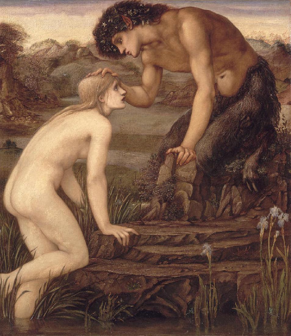 Pan And Psyche Oil Painting on Canvas: Pan And Psyche Oil Painting on Canvas by Sir Edward Burne-Jones. Unframed, Estimated Size: 24" x 36"