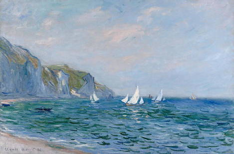 Cliffs And Sailboats At Pourville Oil Painting: Cliffs And Sailboats At Pourville Oil Painting by Claude Monet. Unframed. Estimated Size: 24''*36''