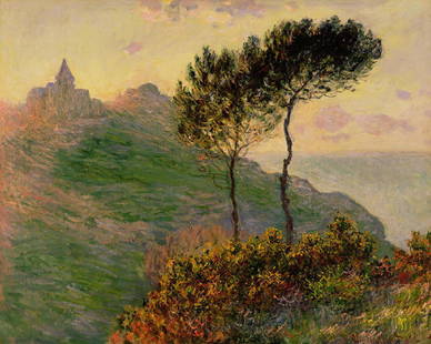 The Church At Varengeville Against The Sunlight Oil: The Church At Varengeville Against The Sunlight Oil Painting by Claude Monet. Unframed. Estimated Size: 24''*36''