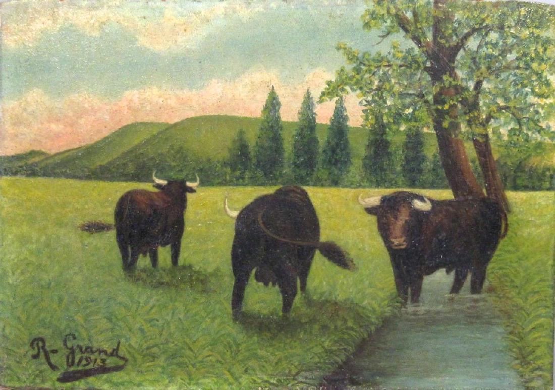 Antique French Oil Painting, Landscape, River, Cows &: This charming antique French oil painting on board depicts a landscape with a river, cows and a bull. It is signed â€œR. Grandâ€ and dated â€œ1913â€. This painting is in very good condit