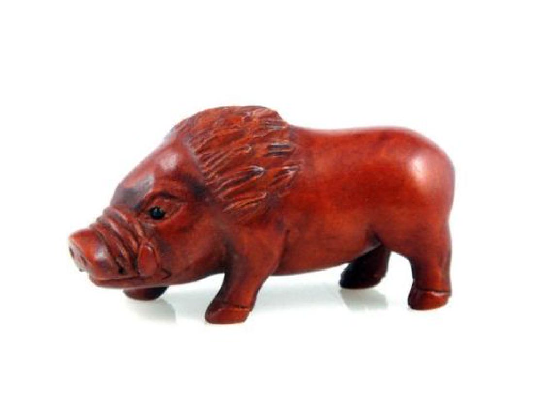 Boxwood Hand Carved Japanese Netsuke Sculpture Boar (1 of 1)
