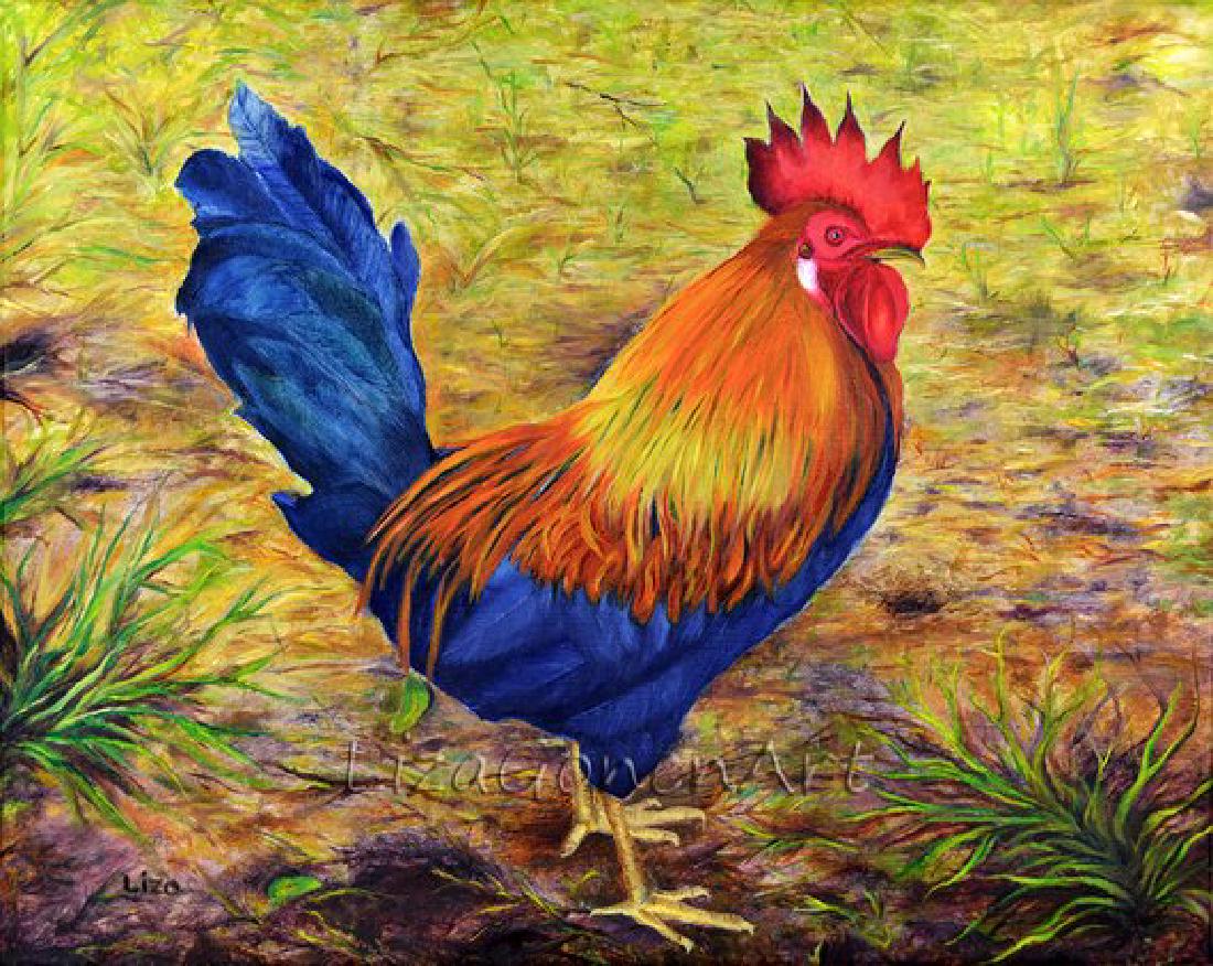 Rooster on Grass Original Painting Oil Color High (1 of 1)