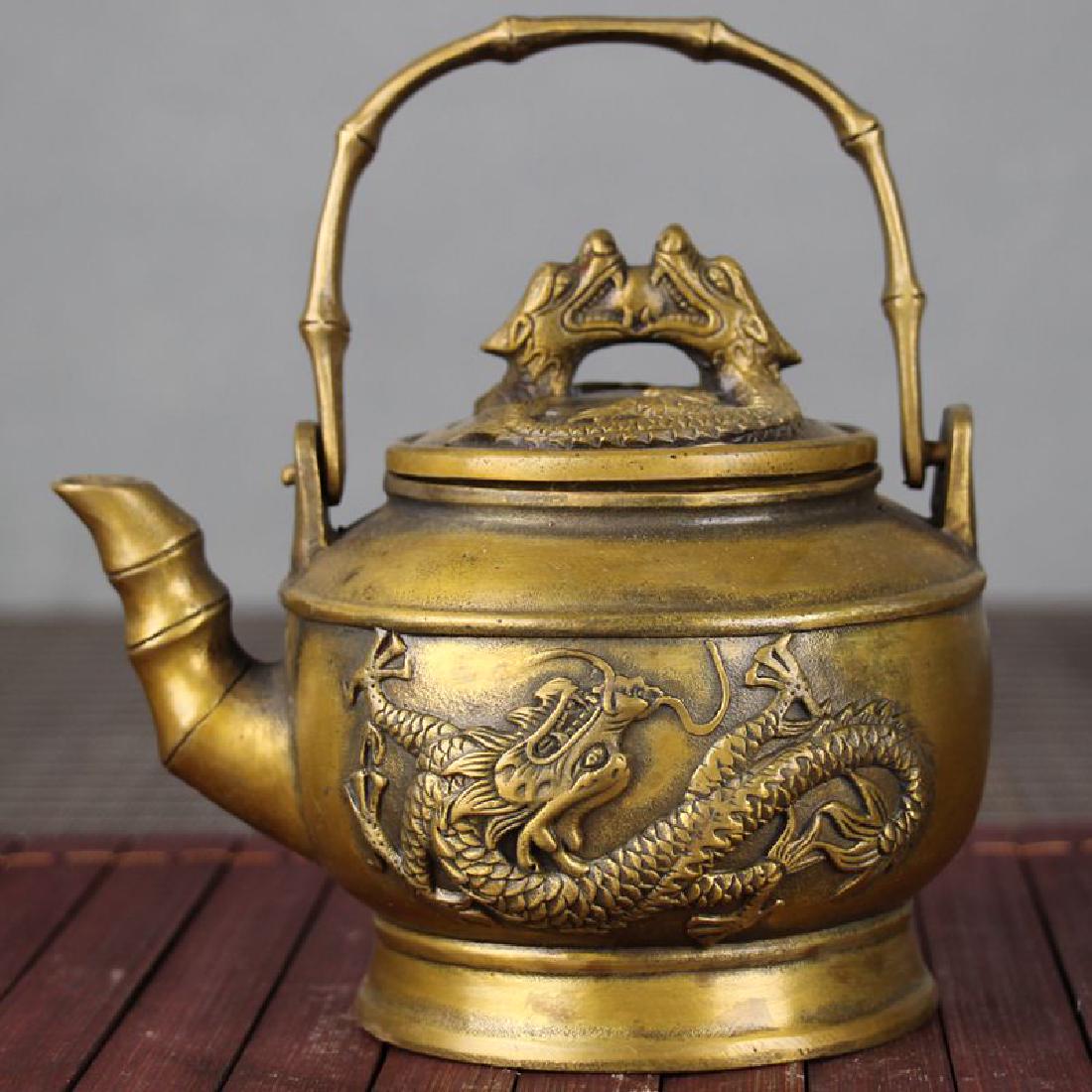Chinese Antique Brass Pot With Loop Handle With Dragon (1 of 4)