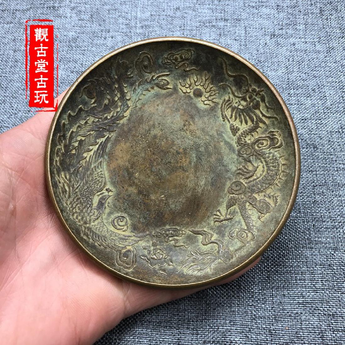 Chinese Antique Bronze Plate with Dragon & Phoenix