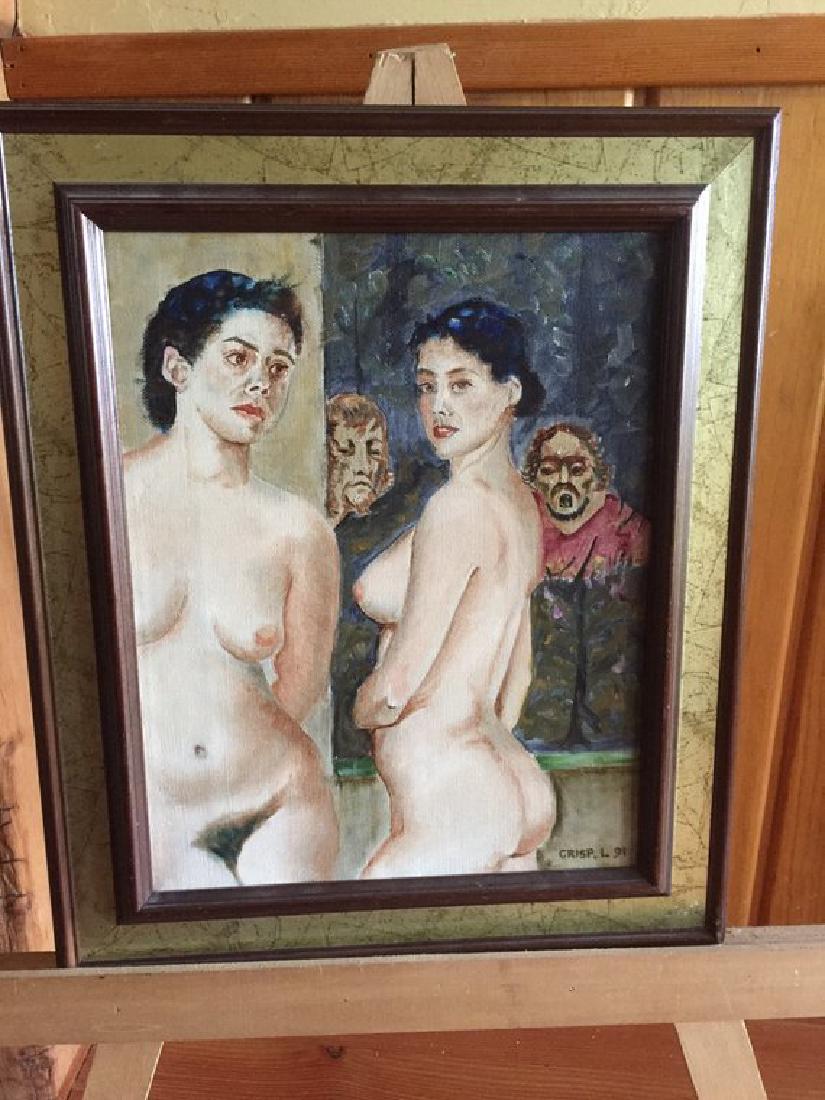 Vintage Nude Sisters signed Crisp, L. Oil Painting: I am offering a very intriguing painting. Two sisters with 2 voyeur on-lookers behind them. I wish I knew the story behind this work so use your imagination. Some research on the artist indicates he m