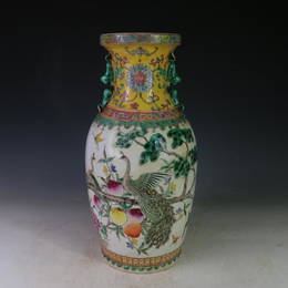 Qing dynasty colouful flower and bird eared bottle