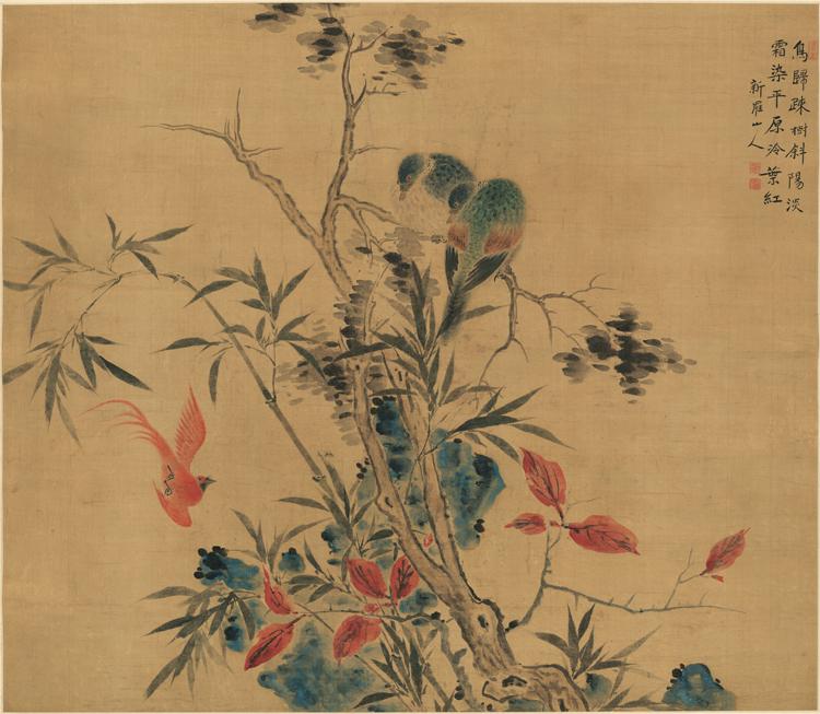 Qing dynasty tree and birds painting by Hua Yan: Qing dynasty tree and birds painting by Hua YanSize: 95.8*83cm