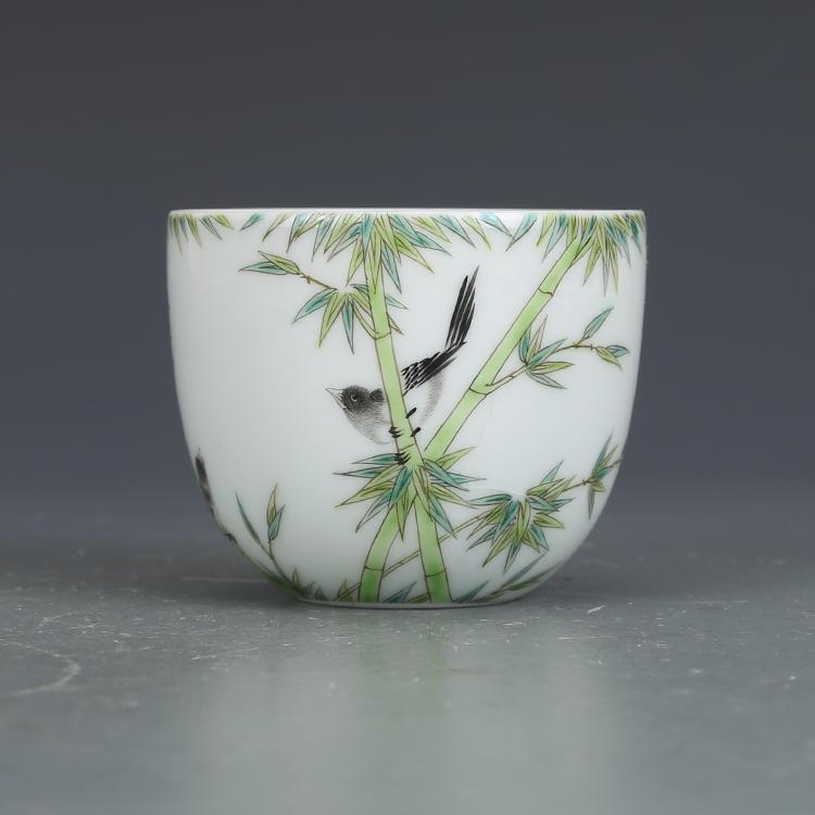 Qing dynasty enamel cup with bamboo and bird painting (1 of 5)