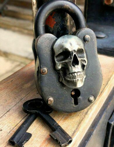 Skull cast iron wicca lock pirate antique treasure chest medievil skeleton key: Size: Lock is 3" x 1 3/4 x 5/8" Weight: 8 Oz