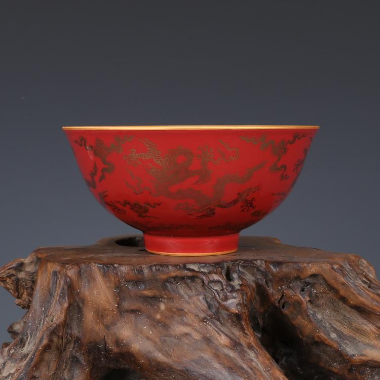 Chinese Ming Dynasty Chenghua Time Red Glazed Porcelain Bowl with Dragon Decoration (1 of 6)
