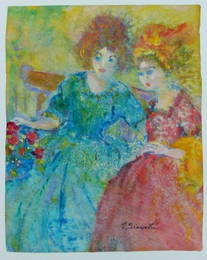 SIEVERT COLORFUL GOUACHE PAINTING 2 FRENCH WOMEN POINTILLISM FLORAL FRANCE